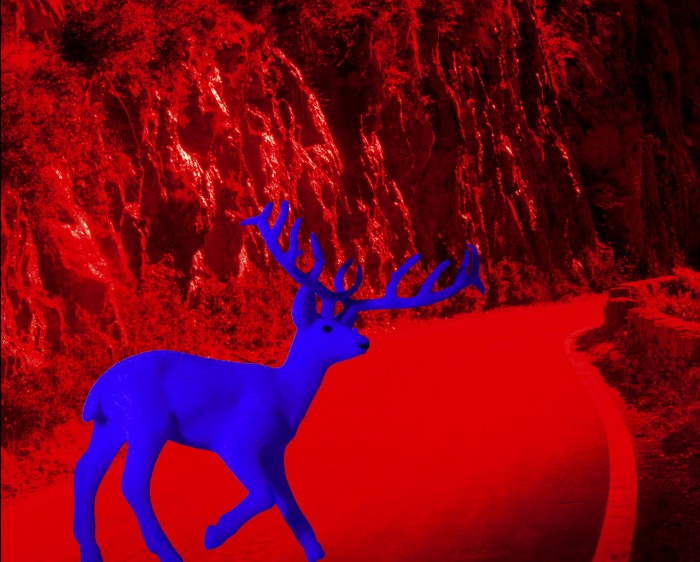 Paisaje rojo con ciervo azul. 72x90 cm. 